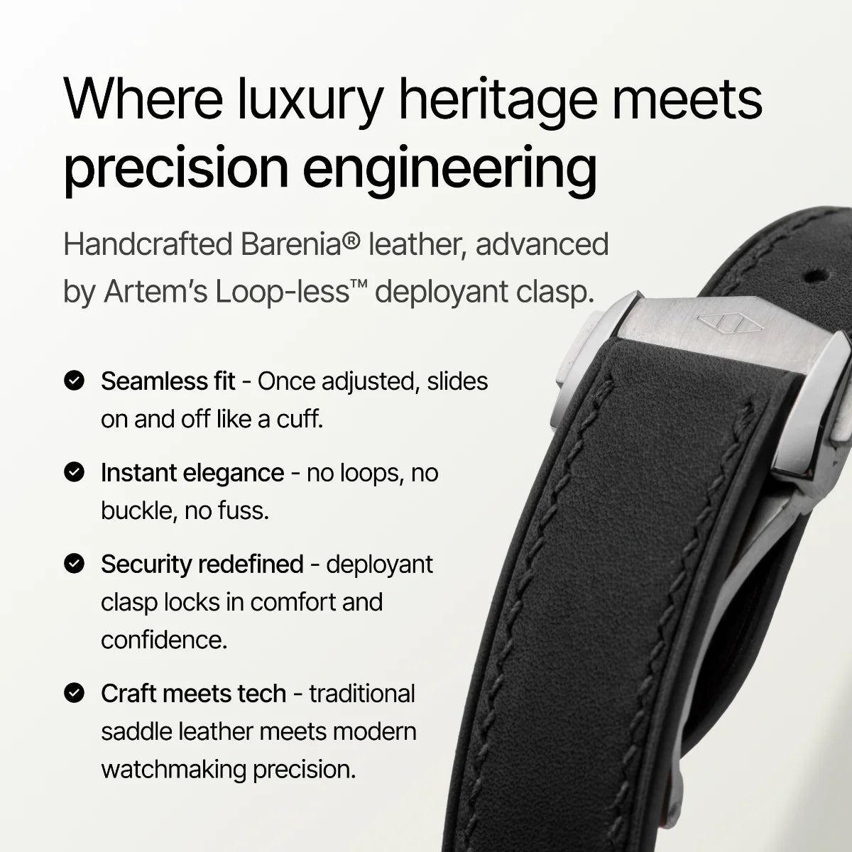 Black leather watch with text highlighting luxury heritage and precision engineering.