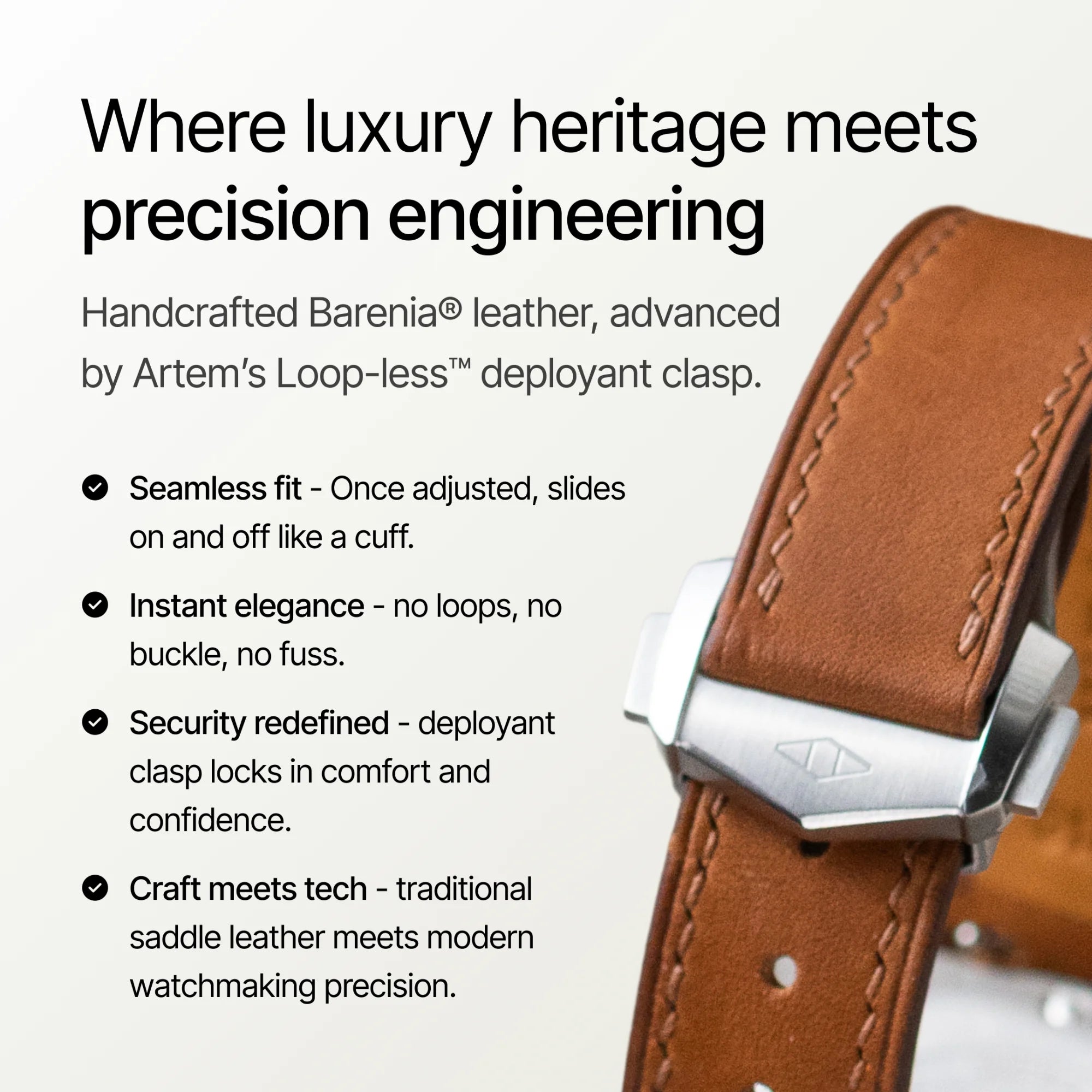 Brown leather watch strap with silver clasp on a white background, featuring text about luxury heritage and precision engineering.