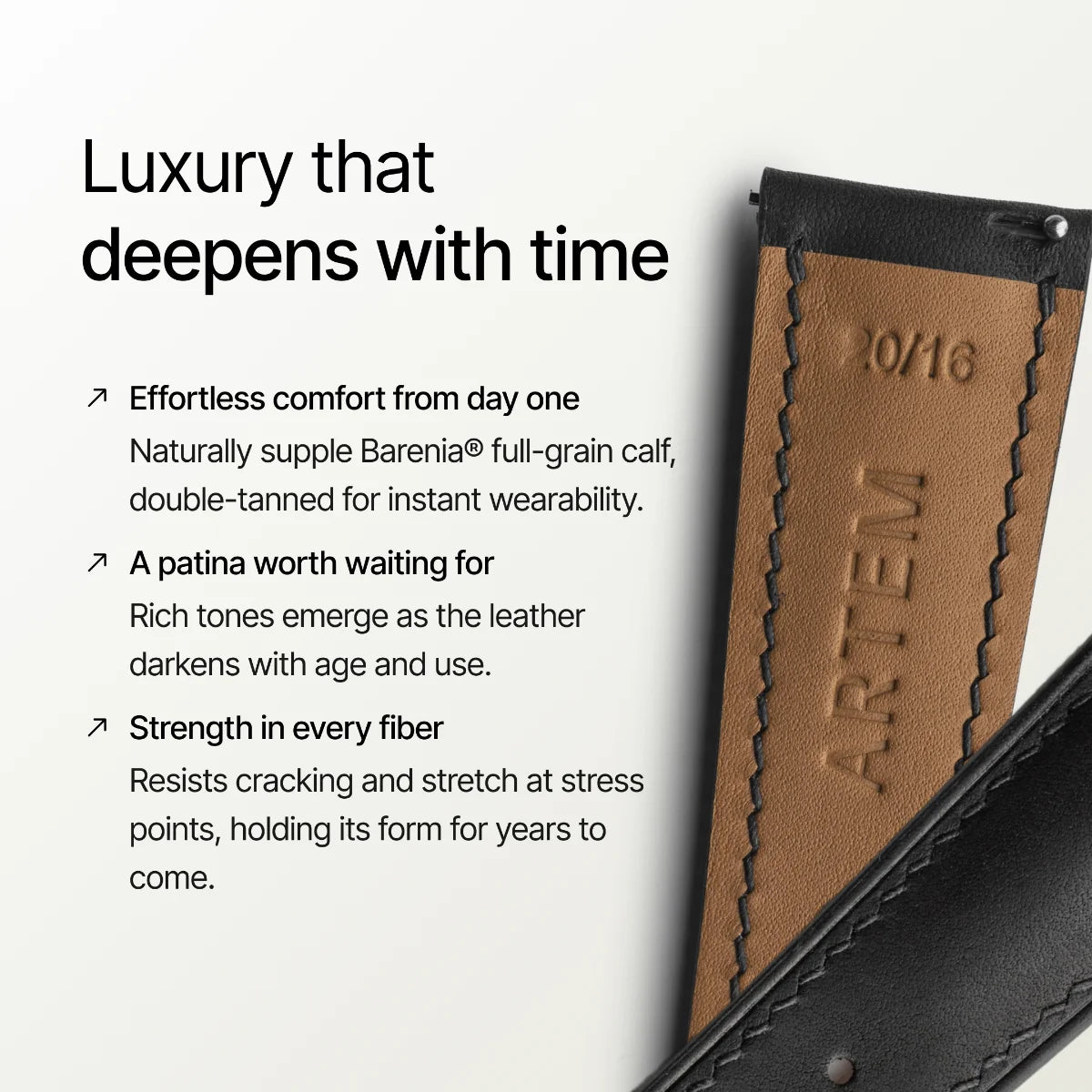 Leather product with 'Artem' branding and text about leather quality and durability.