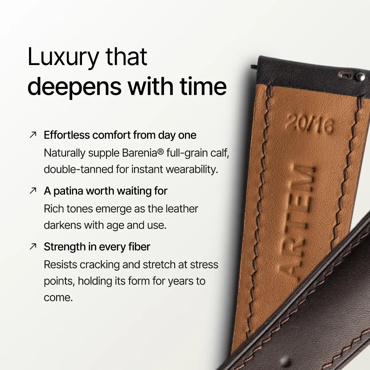 Leather product with branding and text about luxury and durability on a white background