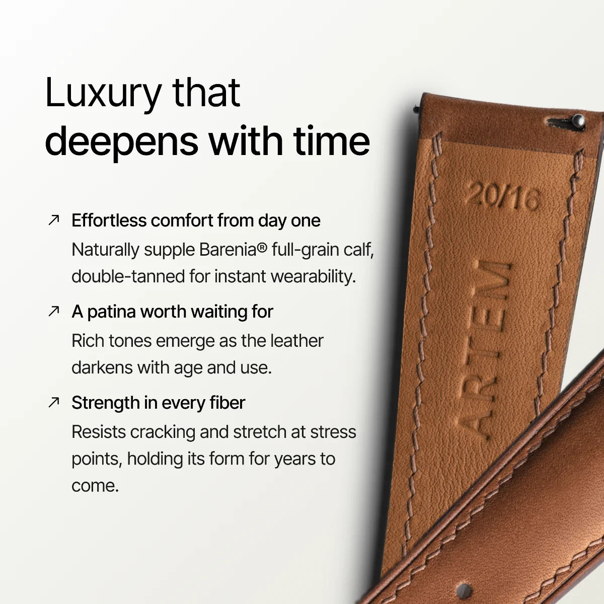 Brown leather strap with 'Artem' branding and text about leather quality on a white background