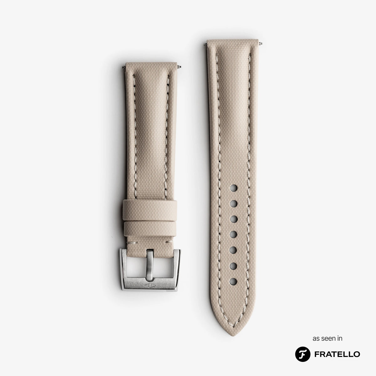 Beige watch strap with silver buckle on a white background, branded 'Fratello'.