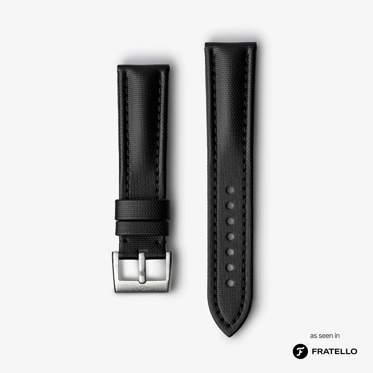 Black watch strap with silver buckle on a white background
