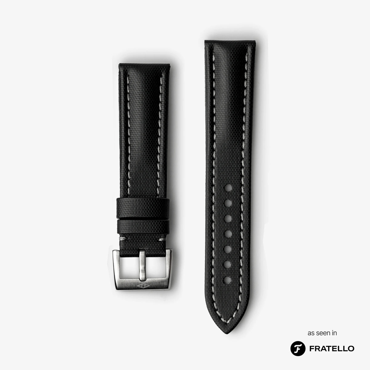 Black watch strap with silver buckle on a light gray background, branded 'Fratello'.