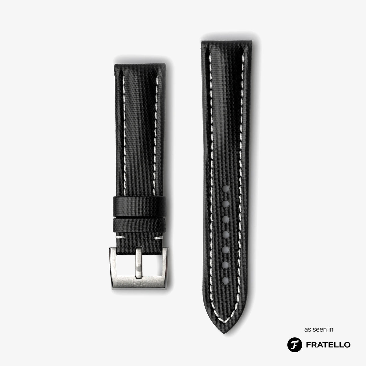 Black watch strap with white stitching