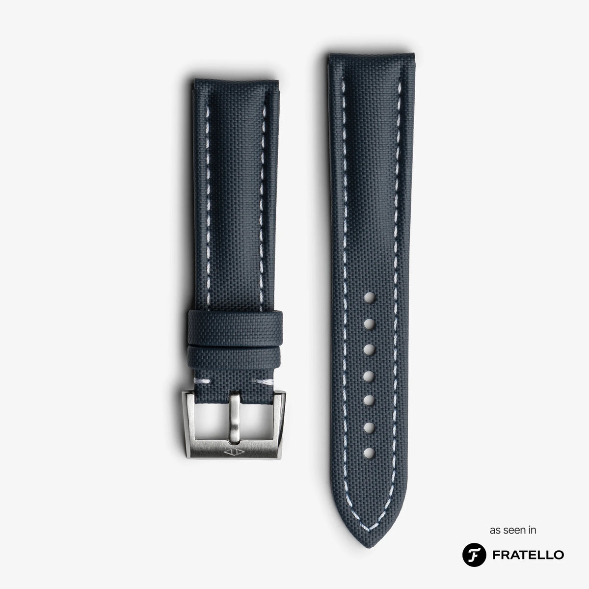 Black watch strap with white stitching on a light gray background, featuring the Fratello brand.