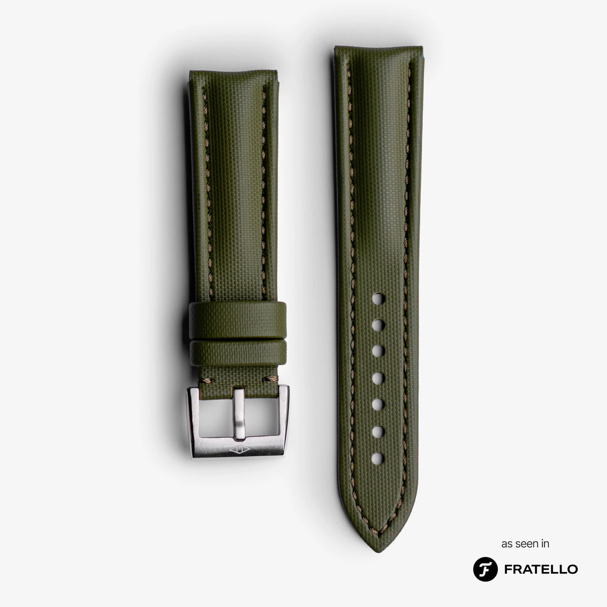 Green watch strap with silver buckle on a white background, branded 'Fratello'.