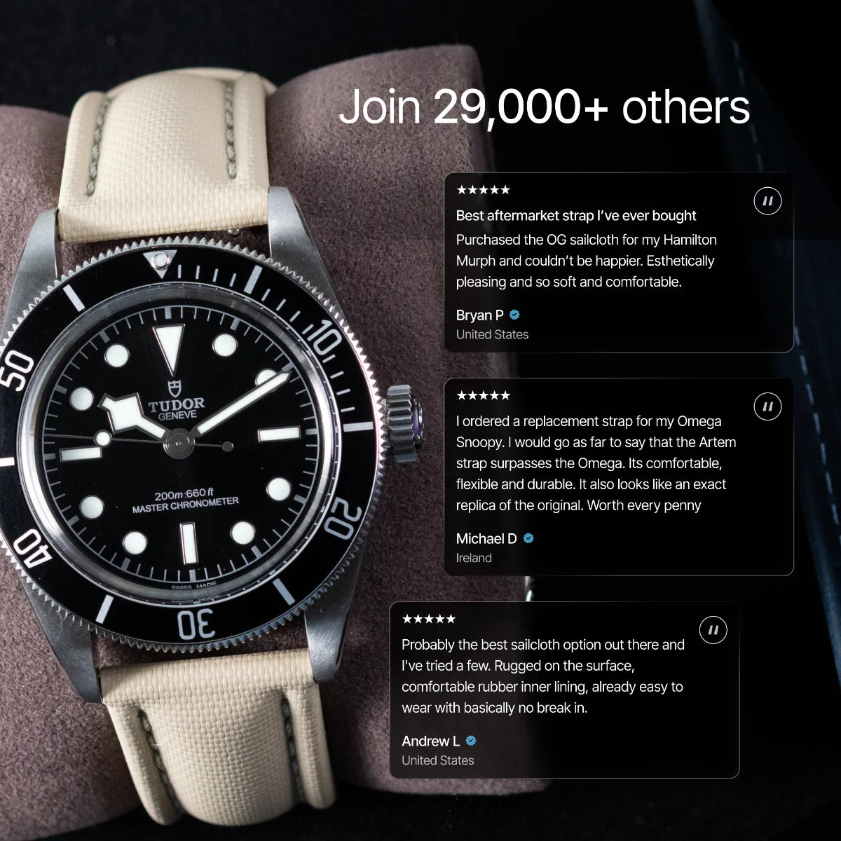 Tudor watch with beige strap and customer reviews displayed on screen