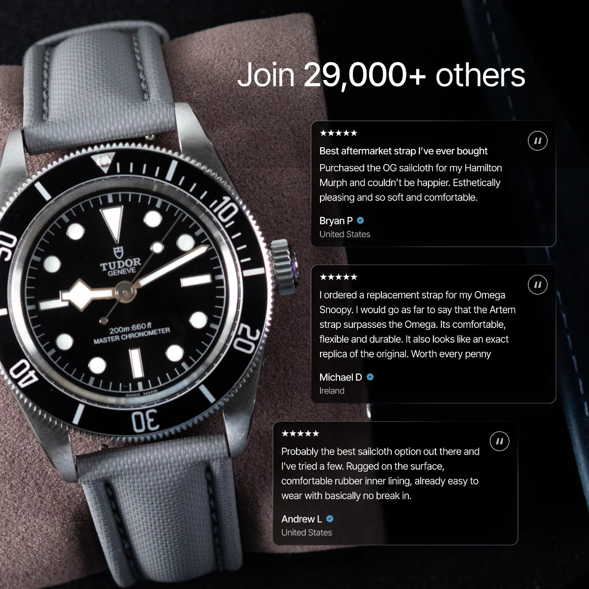 Tudor watch with gray strap and black dial on a dark background, featuring customer reviews.