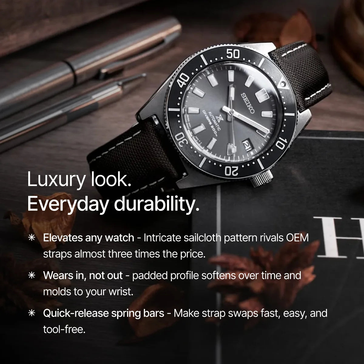 Black Seiko watch with text highlighting features on a dark background