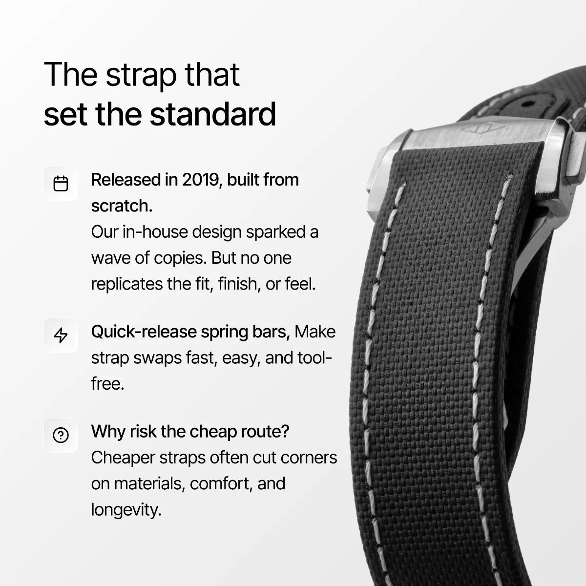 Watch strap with text highlighting features and benefits on a white background