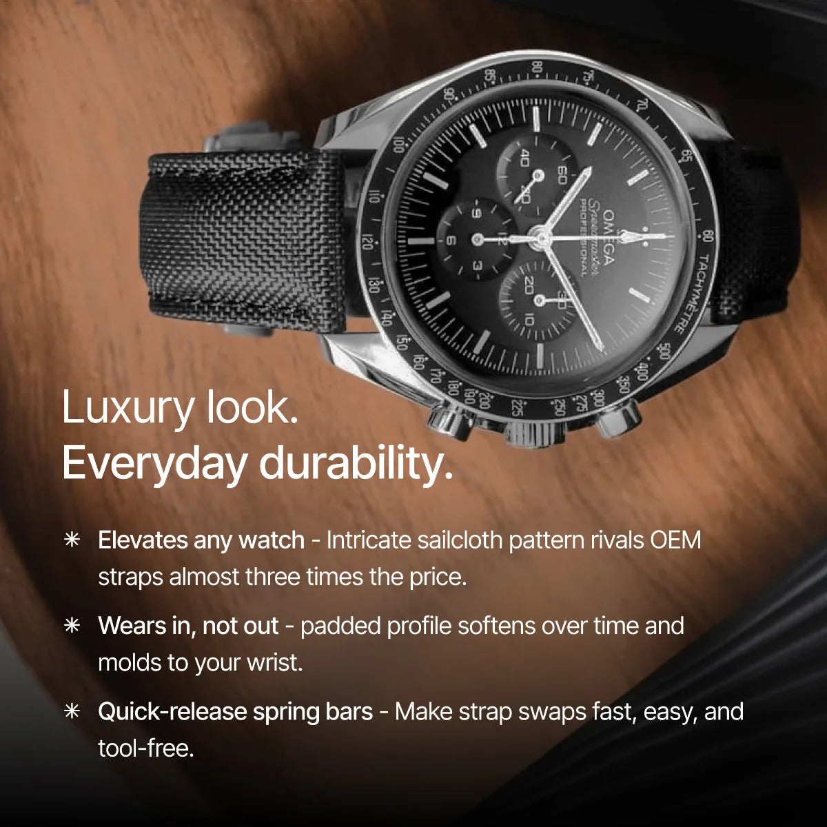 Luxury watch with text highlighting features on a wooden surface