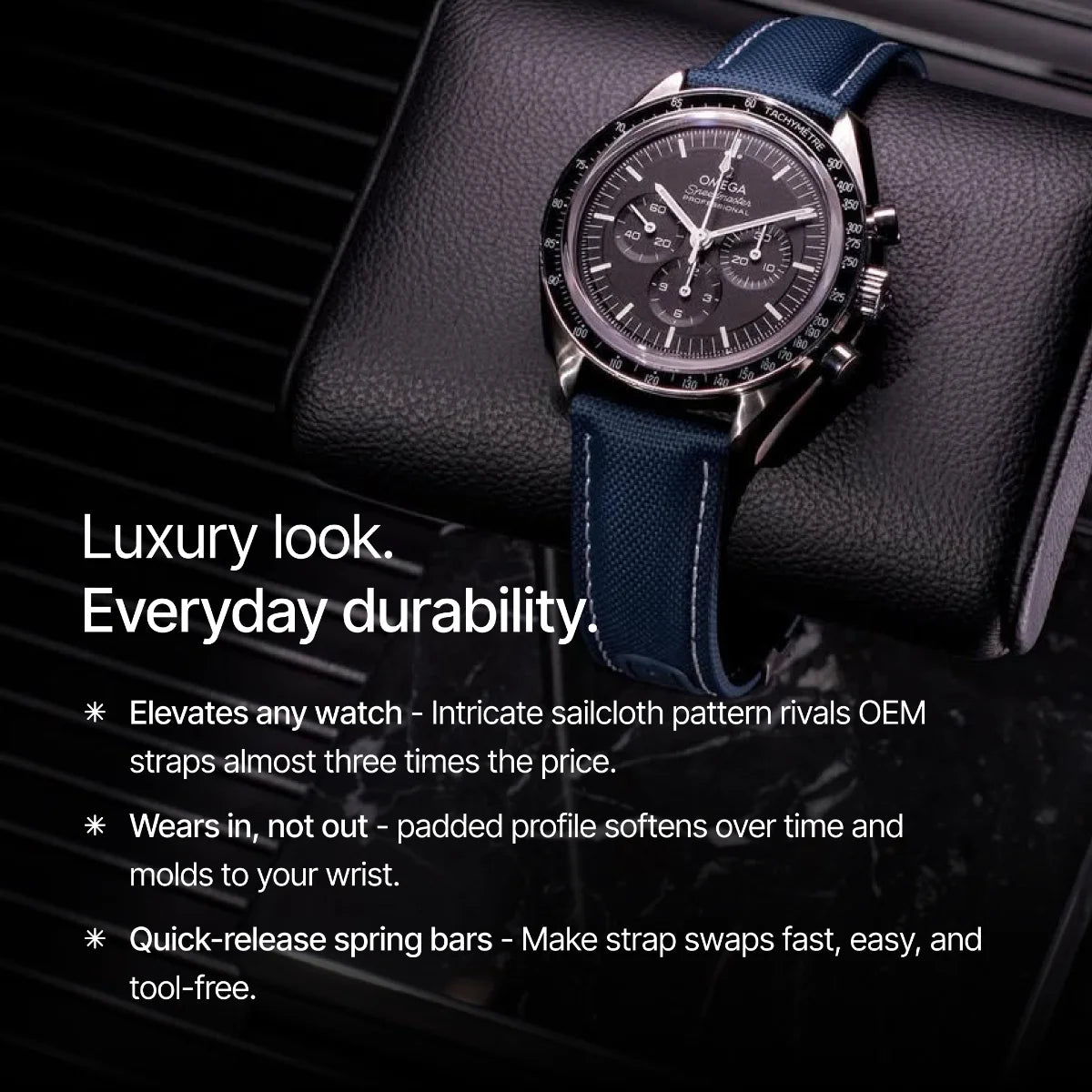 Luxury watch with blue strap on a dark background