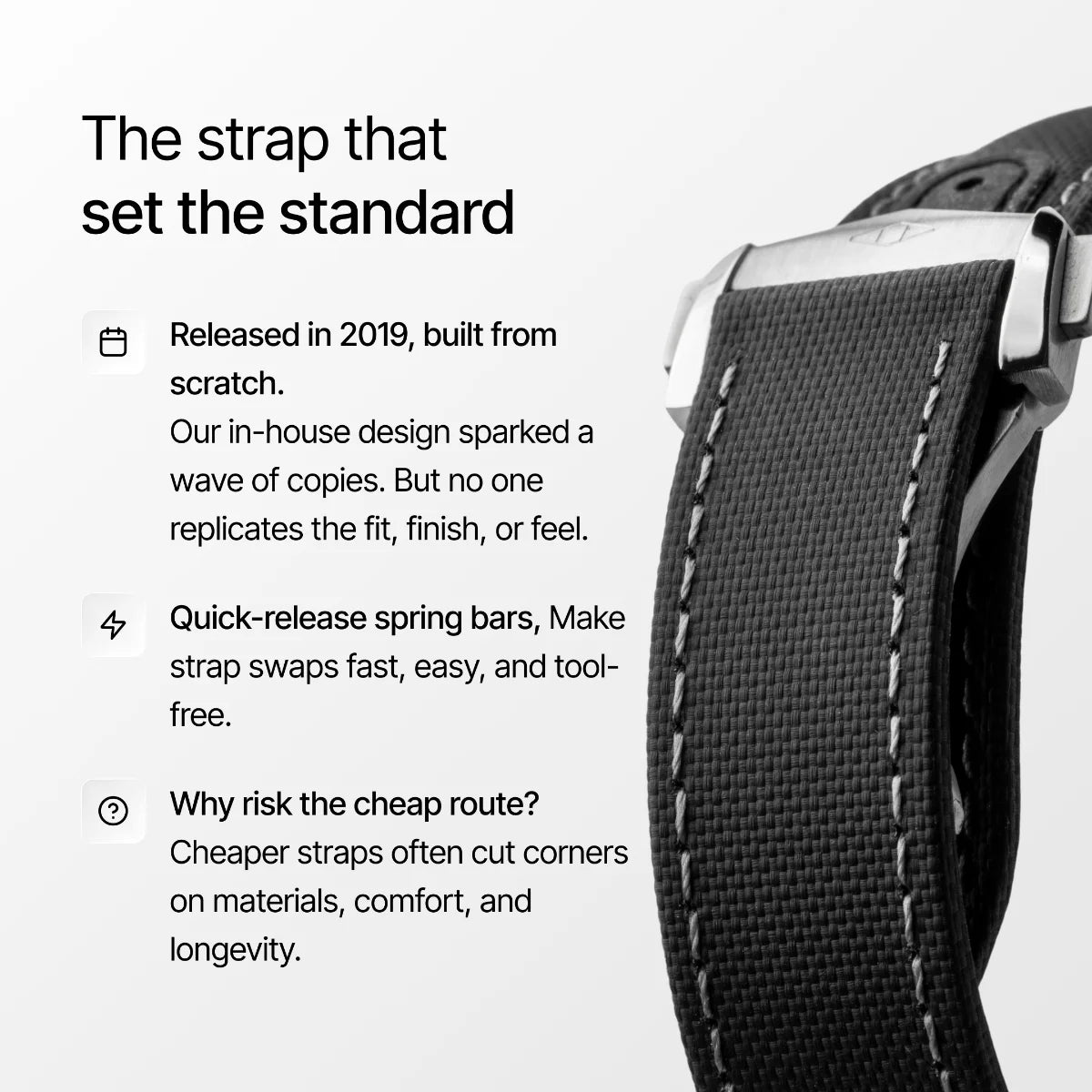 Black watch strap with text on a white background