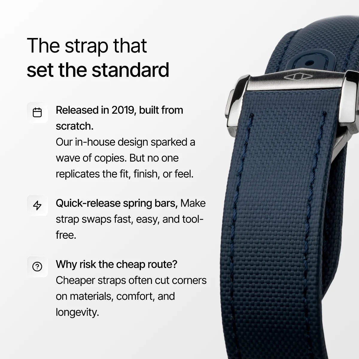 Wristwatch strap with text highlighting features and benefits on a white background