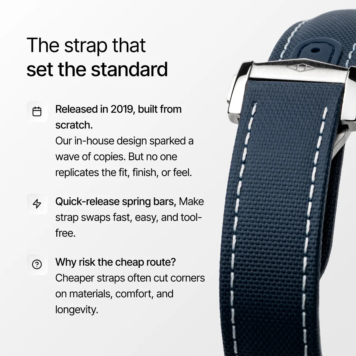 Watch strap with text highlighting features and benefits on a white background