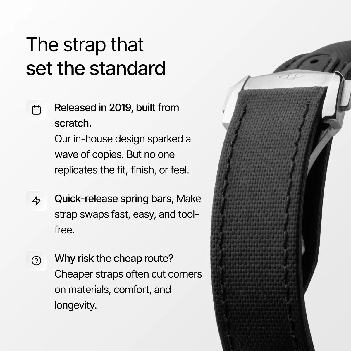Black watch strap with text highlighting features and benefits on a white background
