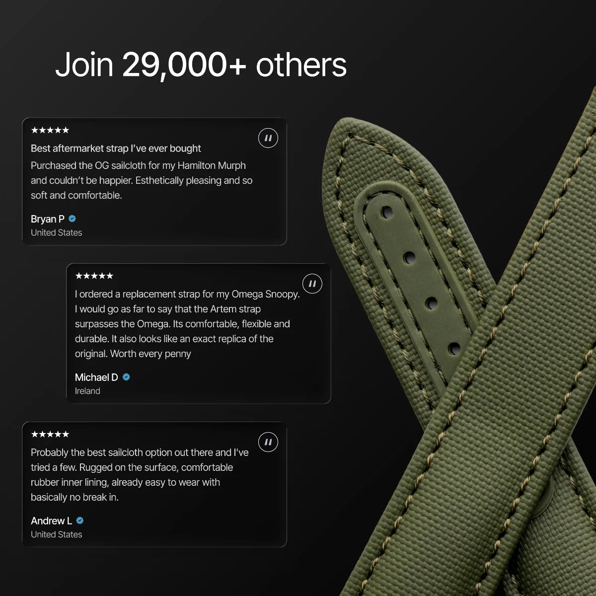 Green leather strap with customer reviews on a black background