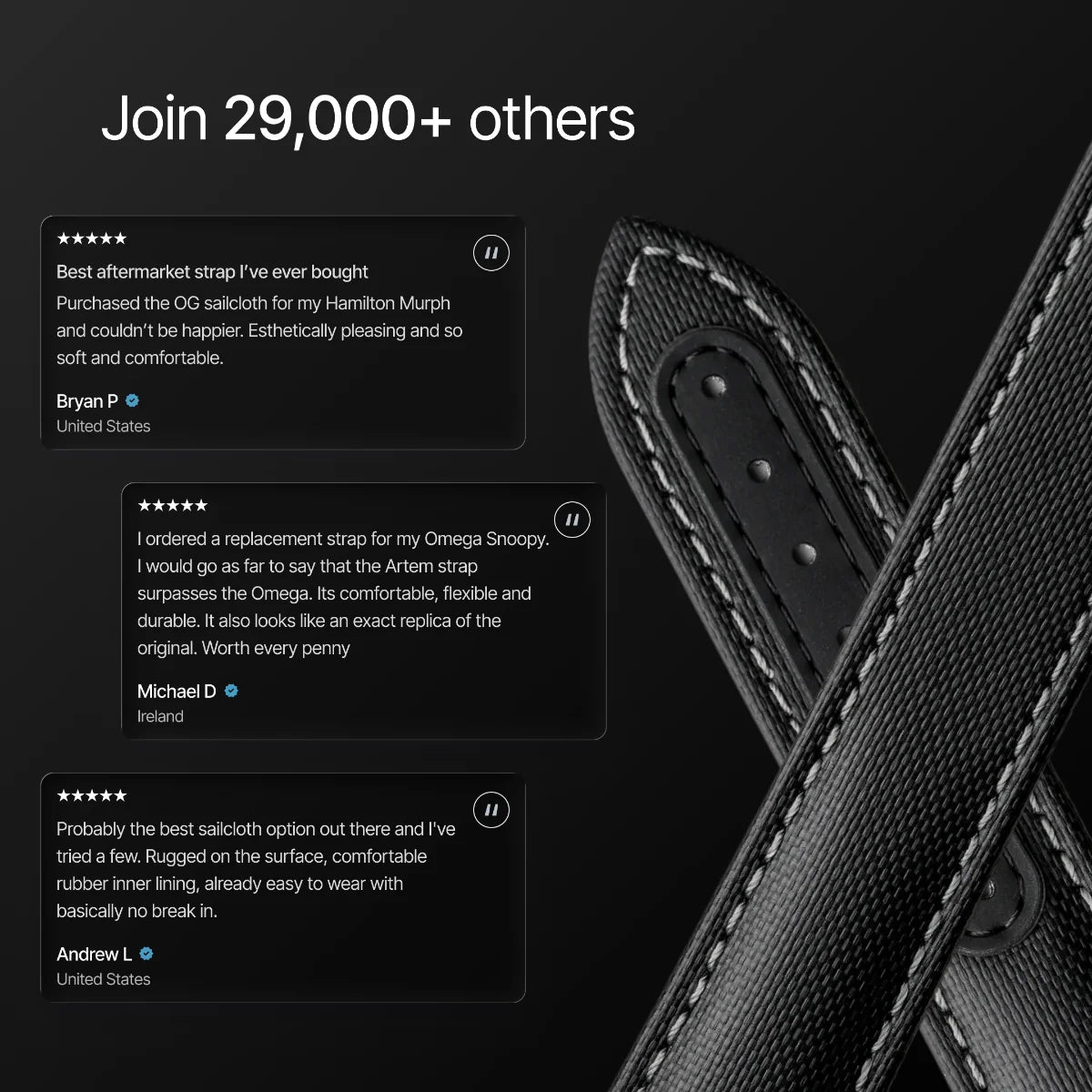 Black leather strap with customer reviews on a dark background