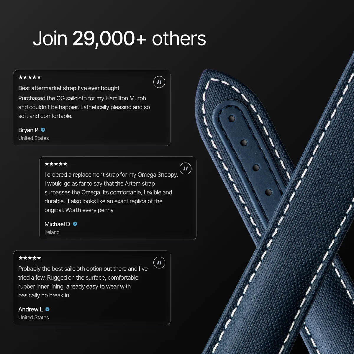 Close-up of a blue leather strap with white stitching on a black background, featuring customer reviews.