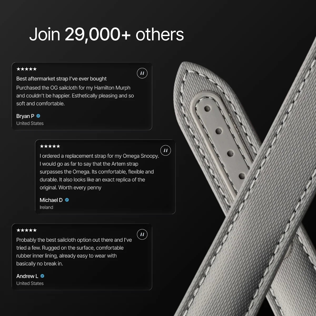 Gray leather strap with customer reviews on a black background