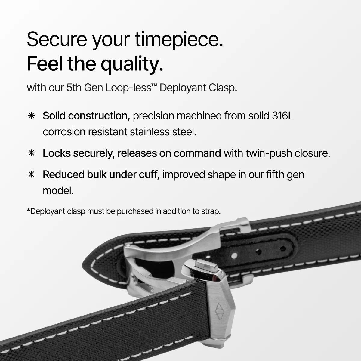 5th Gen Loop-less Deployant Clasp with text on solid construction and features