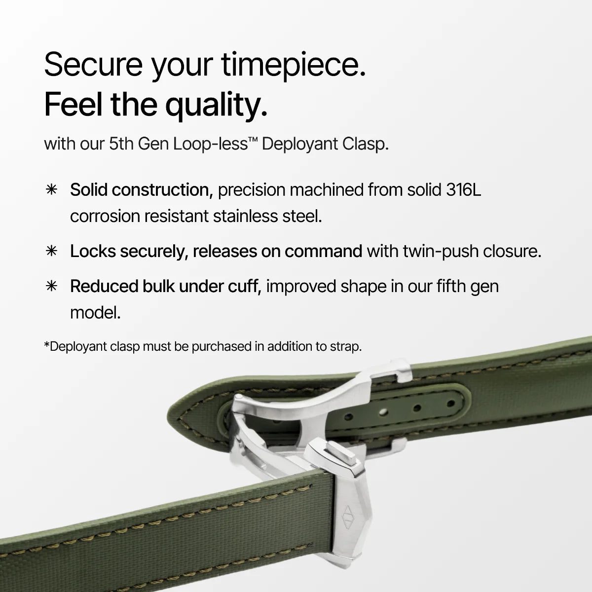 Green watch strap with silver deployant clasp on a white background, featuring text about the clasp's features.
