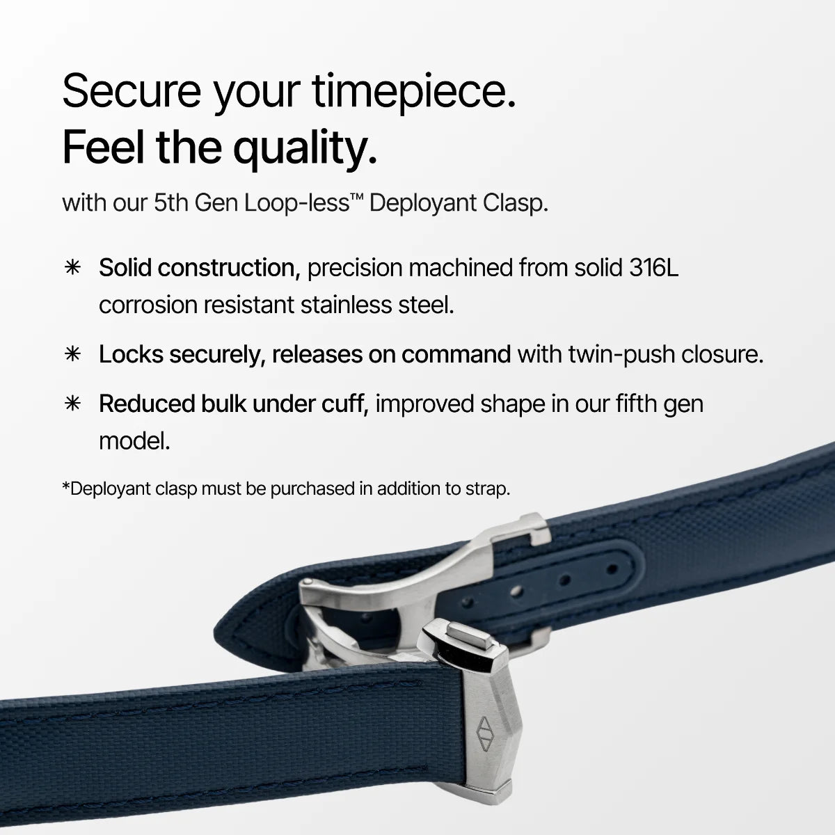 Watch strap with 5th Gen Loop-less Deployant Clasp on a white background