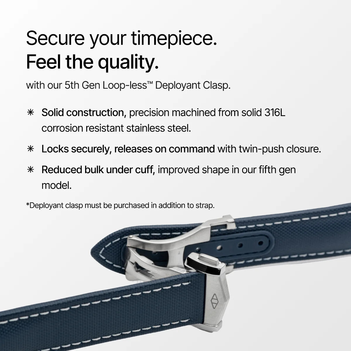 Wristwatch strap with deployant clasp on a white background, featuring text about product features.