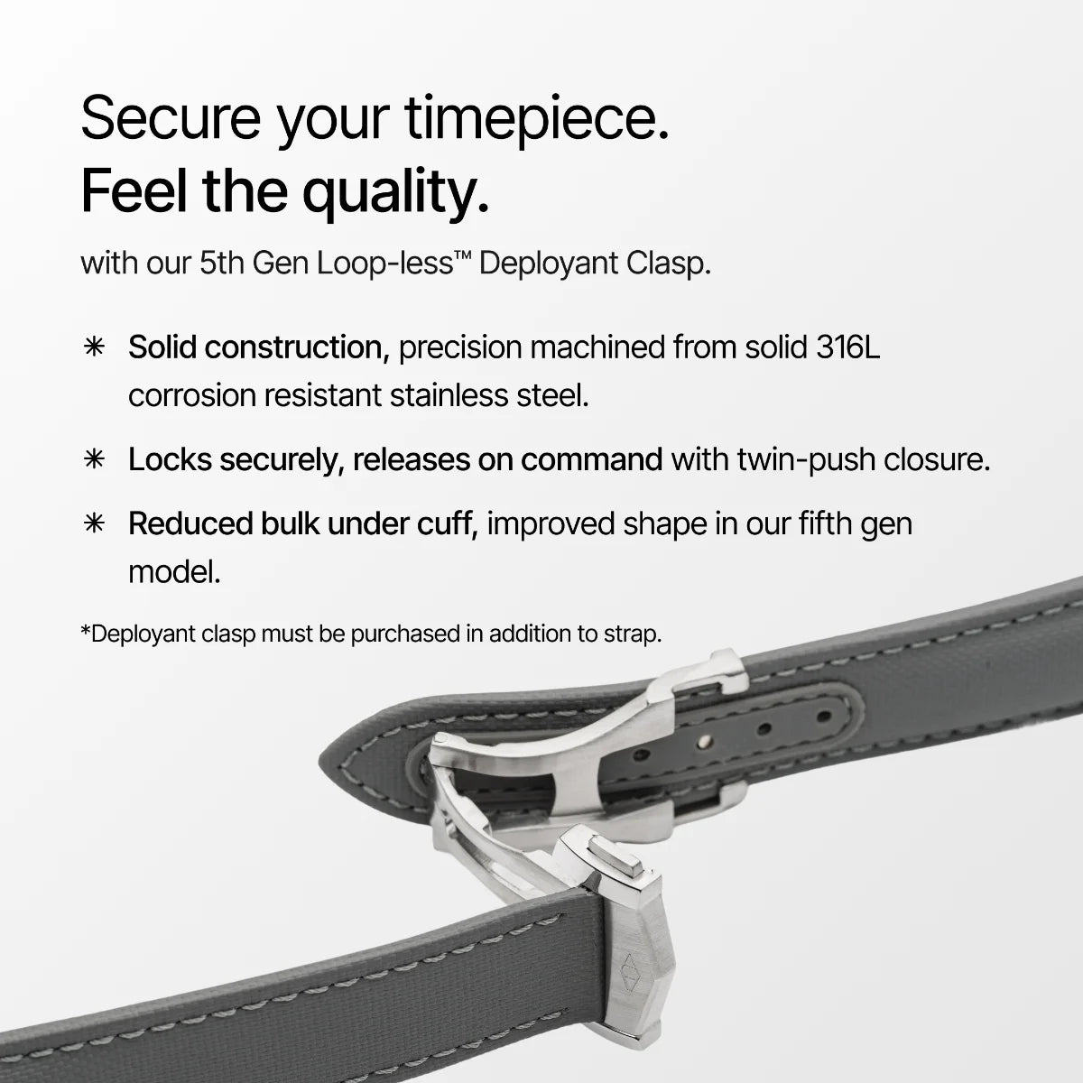Gray watch strap with a deployant clasp on a white background, featuring text about the clasp's features.