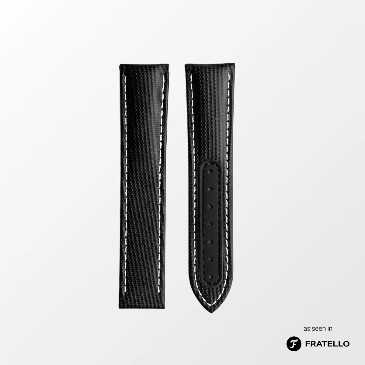 Black leather watch strap with white stitching on a light gray background, featuring the Fratello brand.