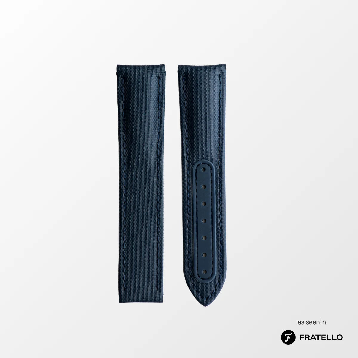 Blue leather watch strap on a light gray background with 'Fratello' branding.