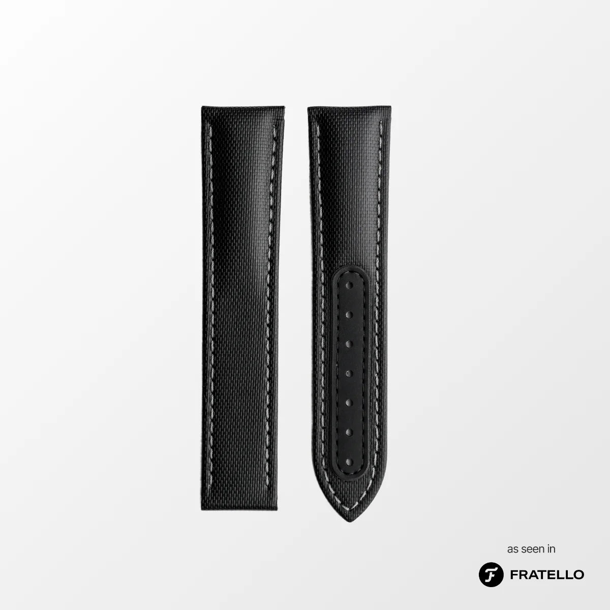 Black leather watch strap on a white background with 'Fratello' branding.