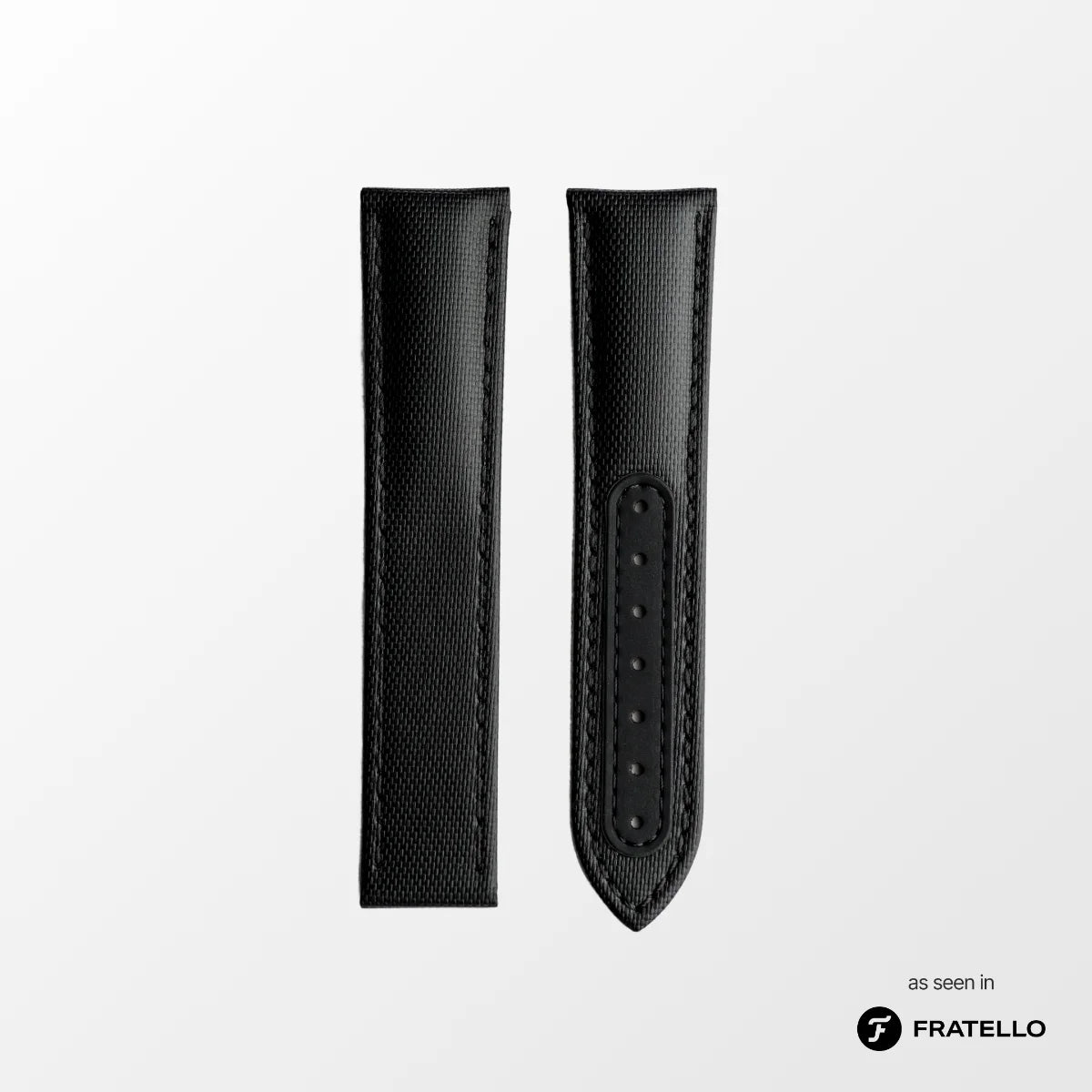 Black leather watch strap on a white background with 'Fratello' branding.