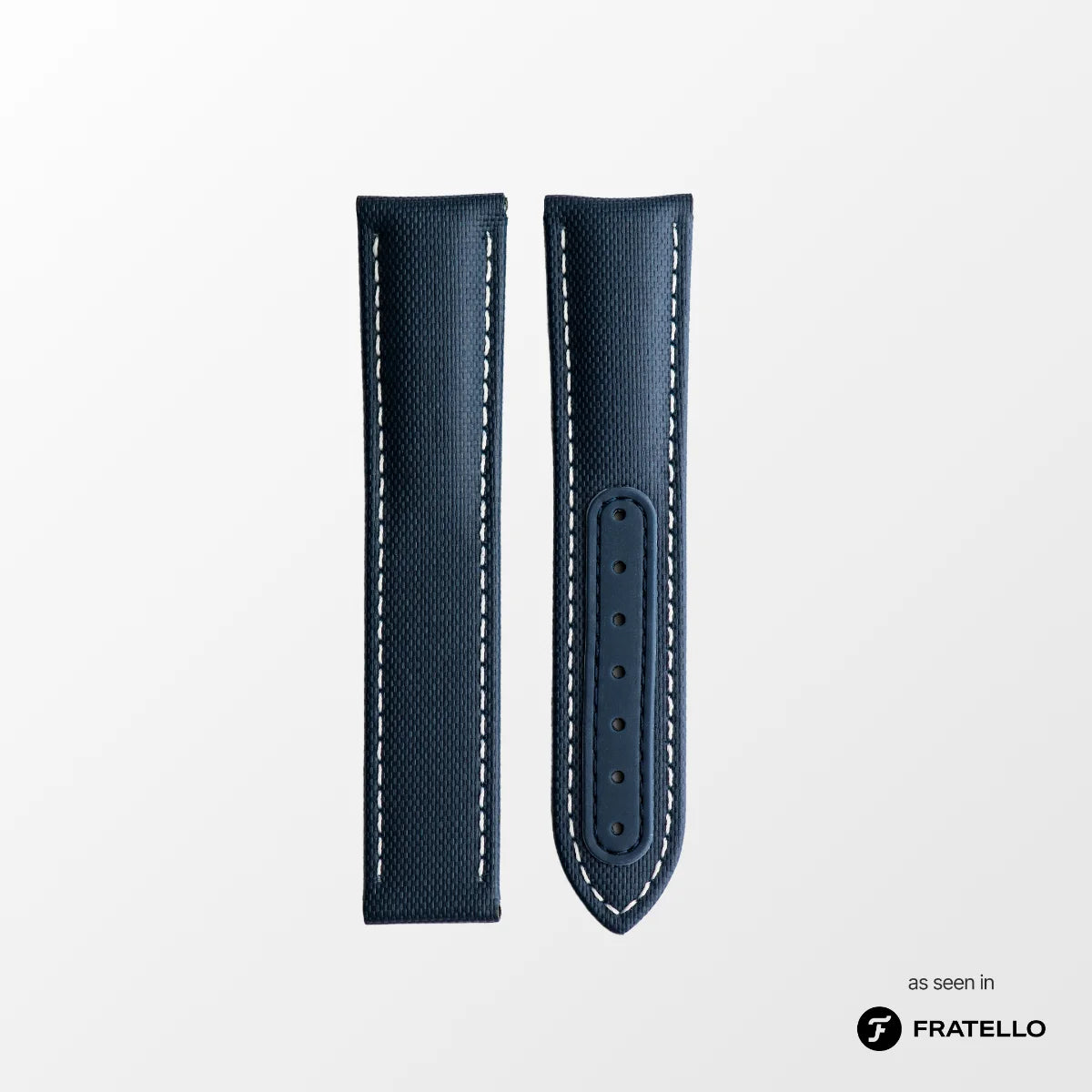Blue leather watch strap with white stitching on a light gray background, branded 'Fratello'.