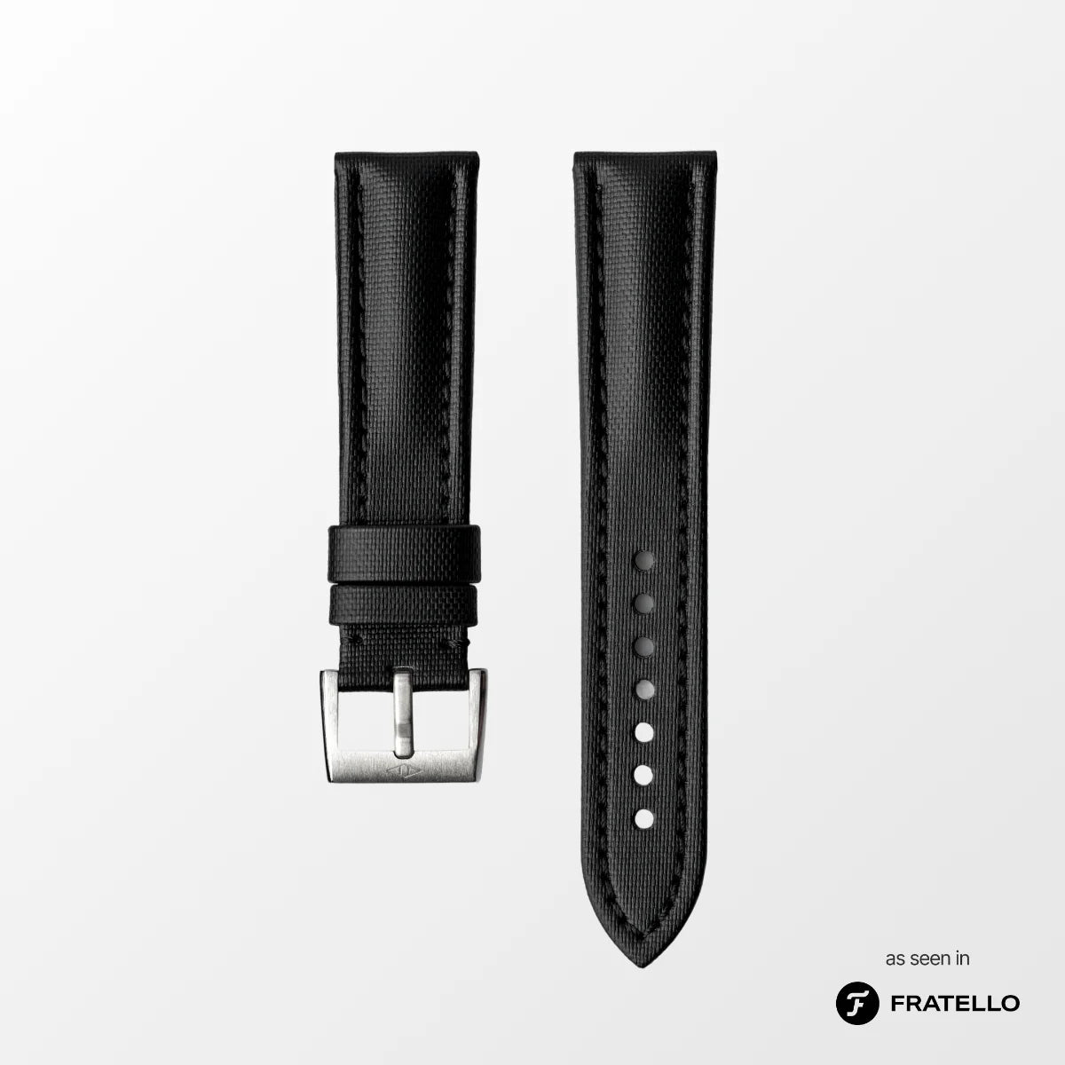 Black watch strap with silver buckle on a white background