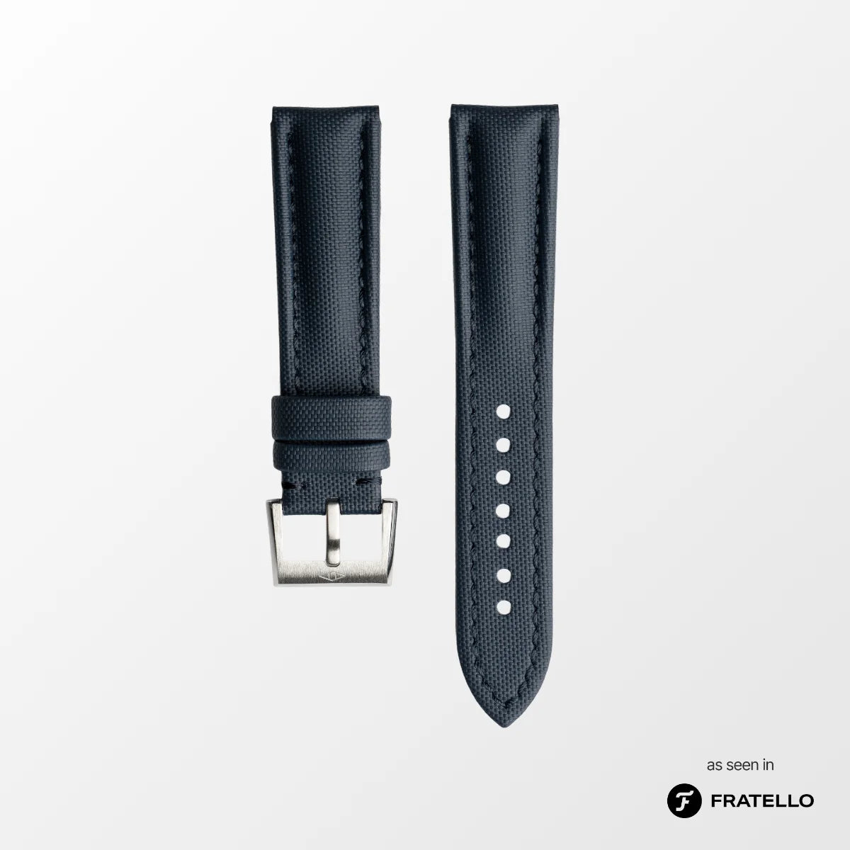 Black watch strap with silver buckle on a light gray background, featuring the Fratello brand.