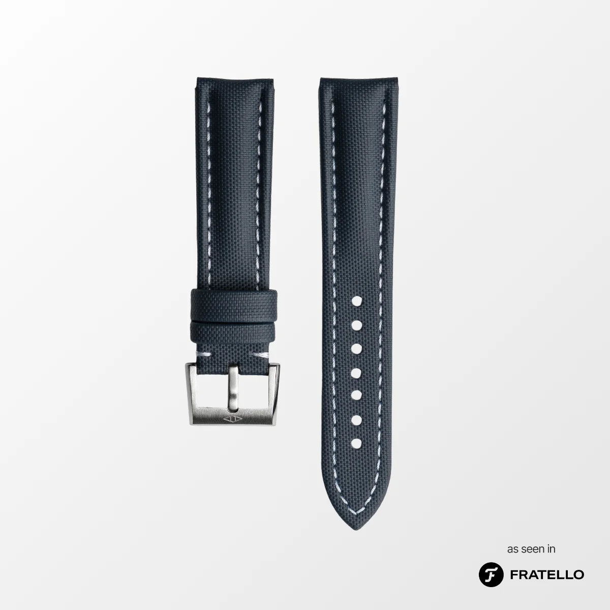 Black watch strap with white stitching on a light gray background, featuring the Fratello brand.