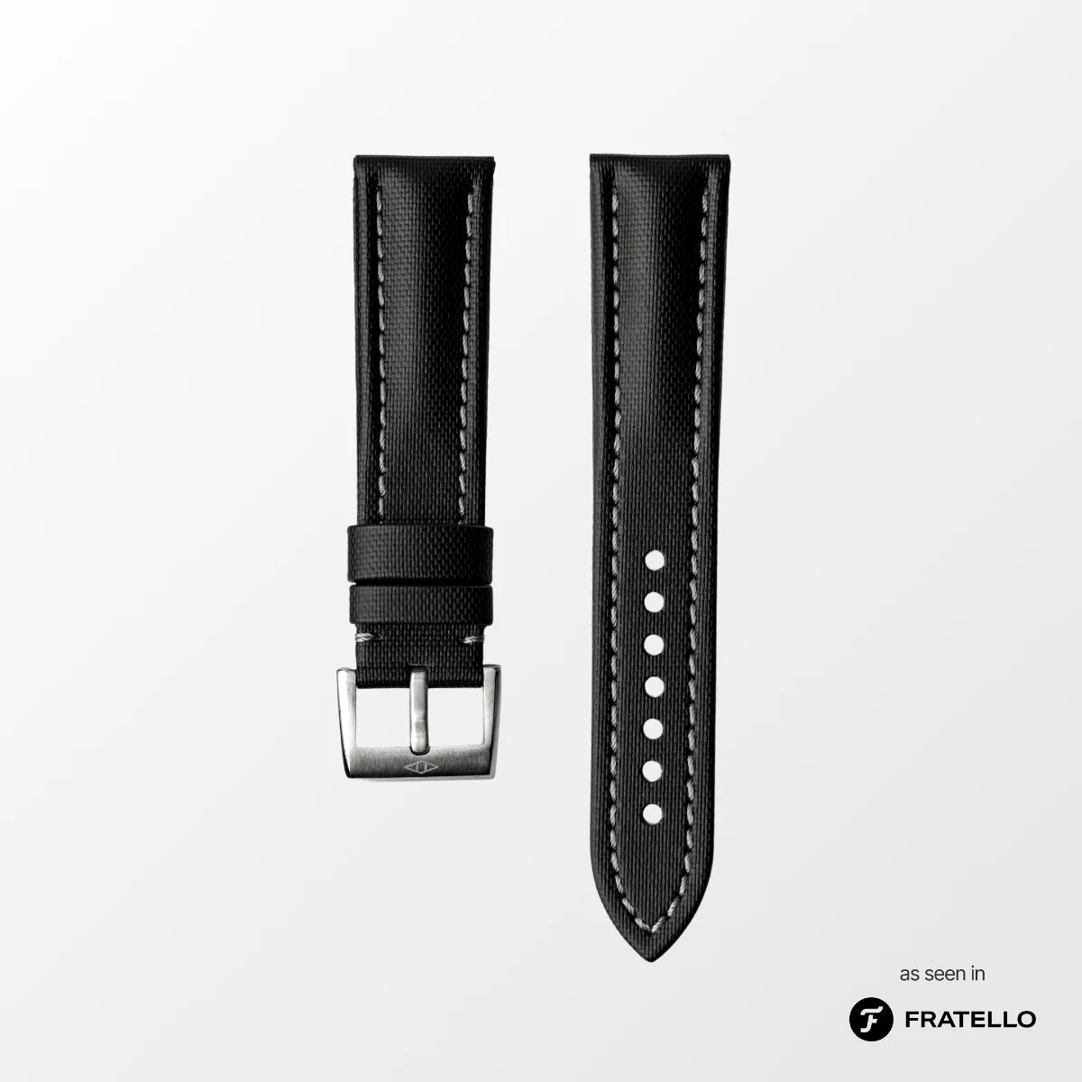 Black watch strap with silver buckle on a light gray background, branded 'Fratello'.