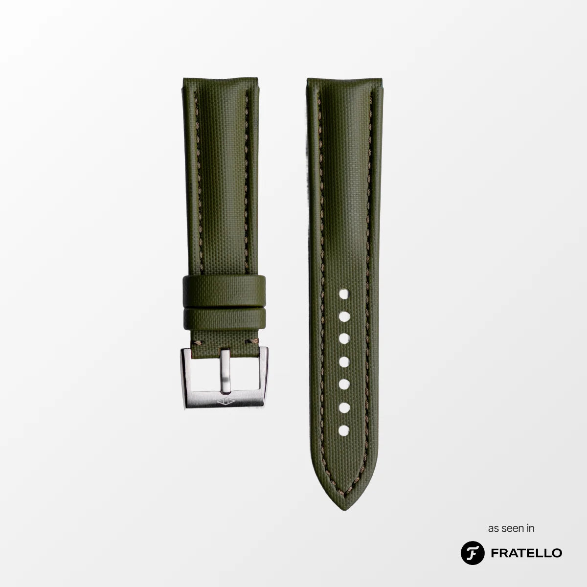 Green watch strap with silver buckle on a white background, branded 'Fratello'.
