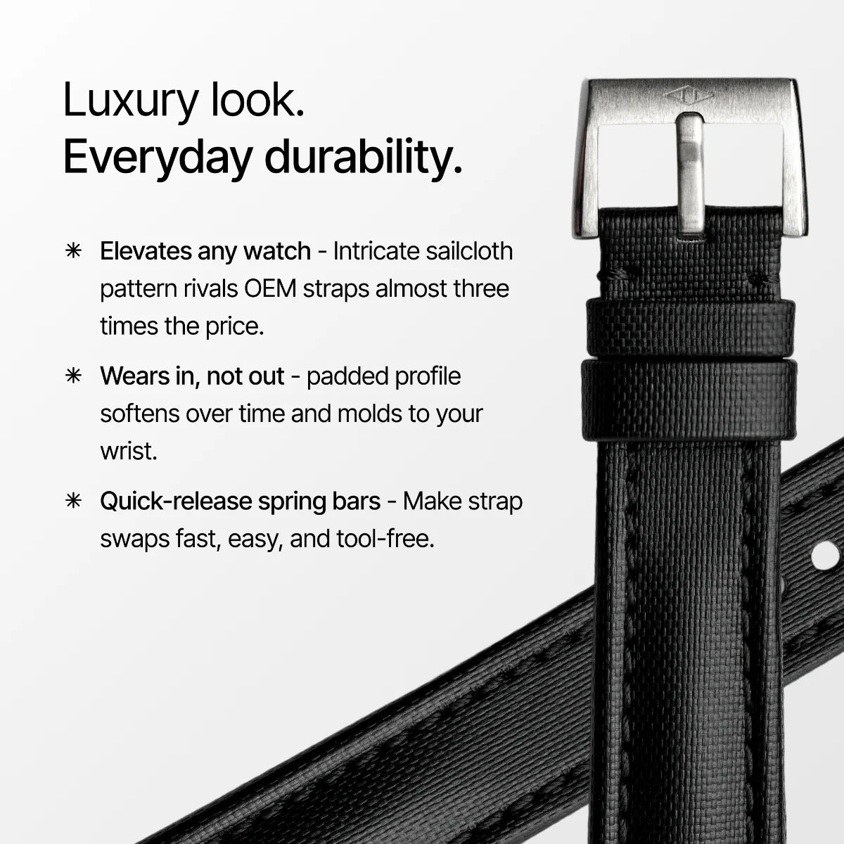 Black watch strap with text highlighting features on a white background