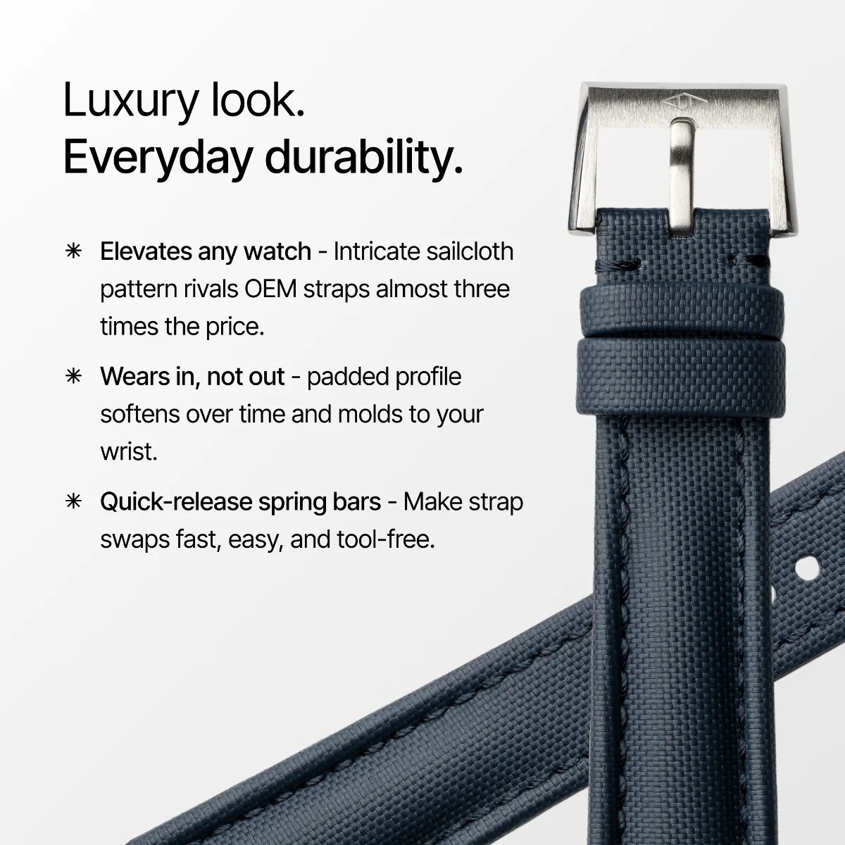 Black watch strap with silver buckle on a white background, featuring text about its features.