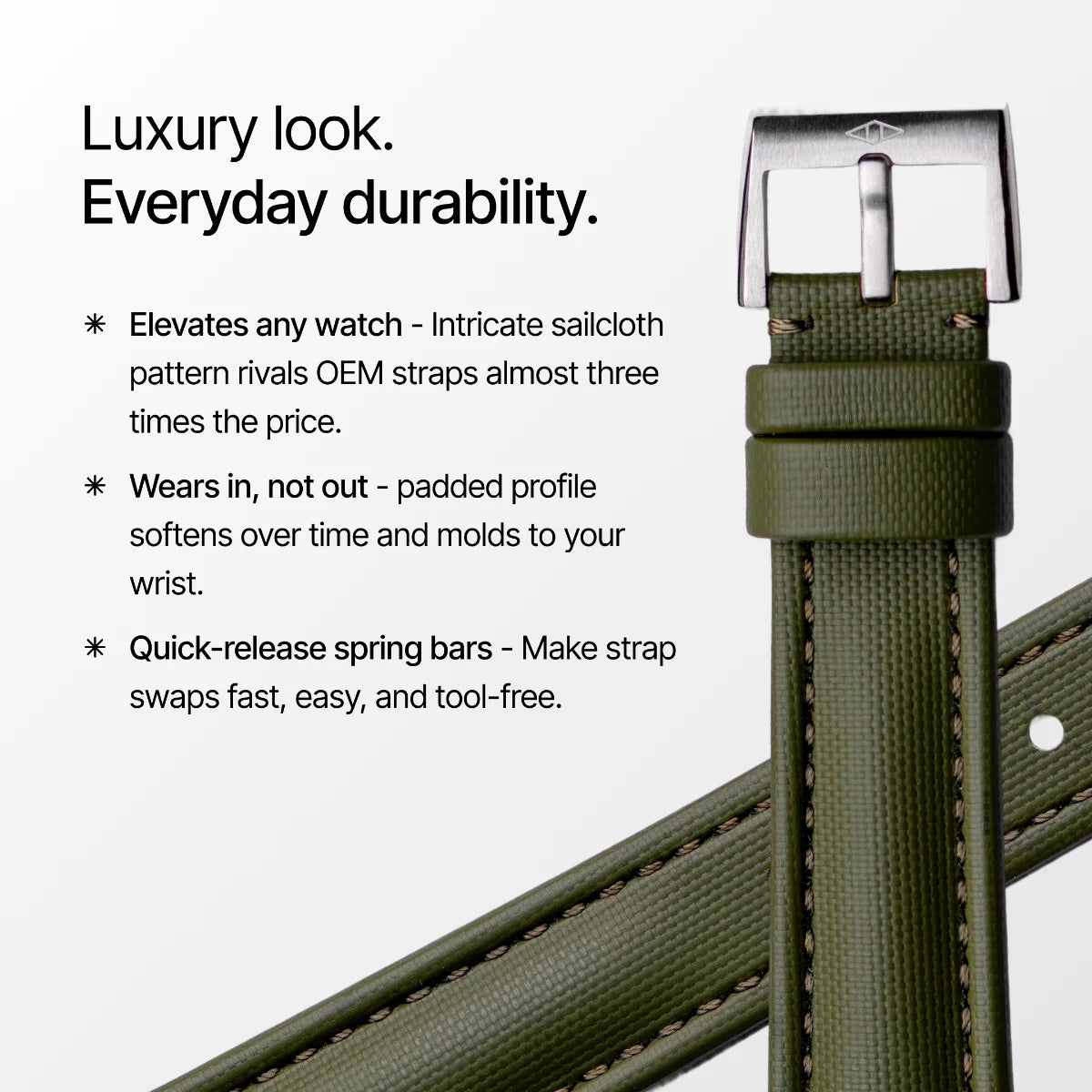 Green watch strap with text highlighting features on a white background