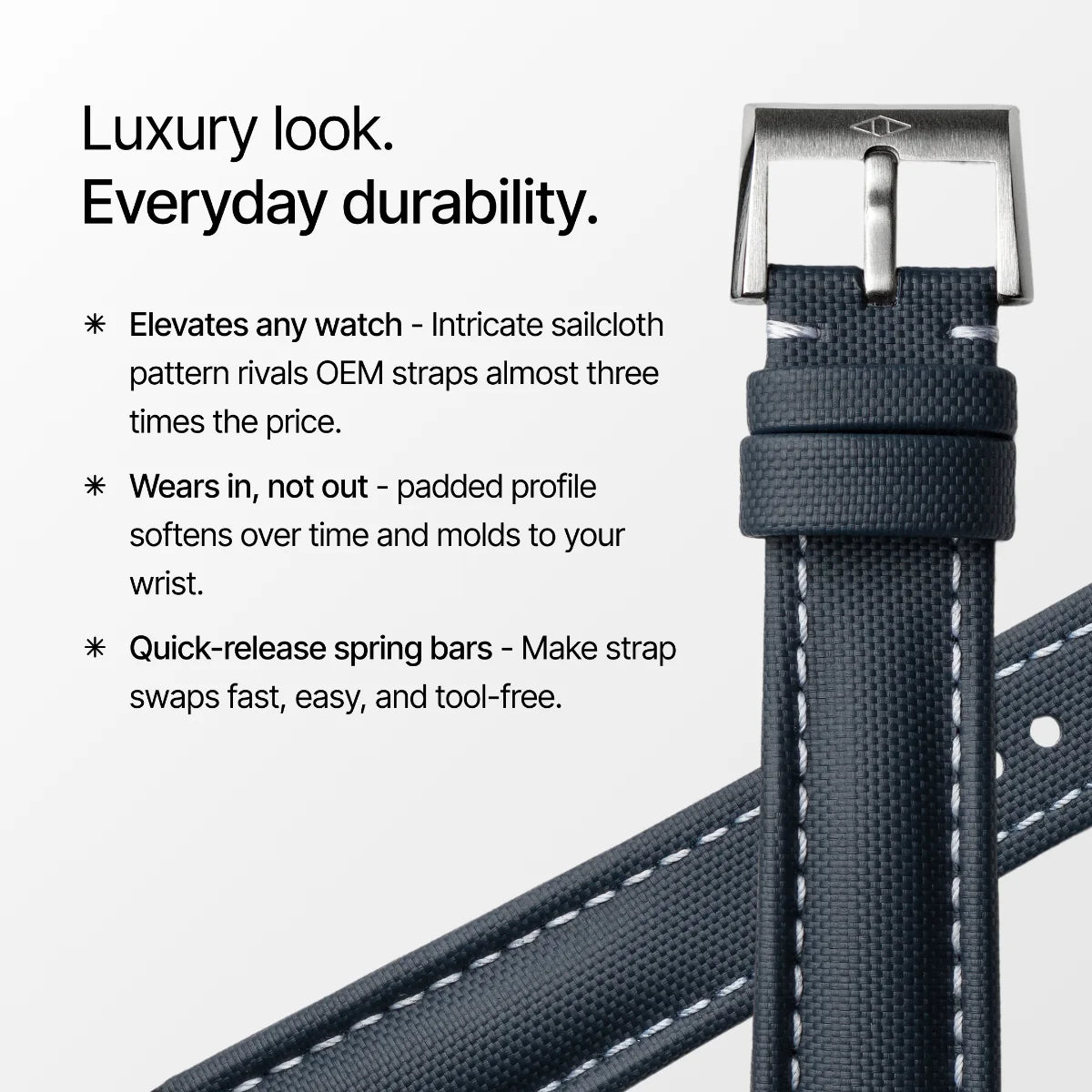 Black watch strap with text highlighting features on a white background