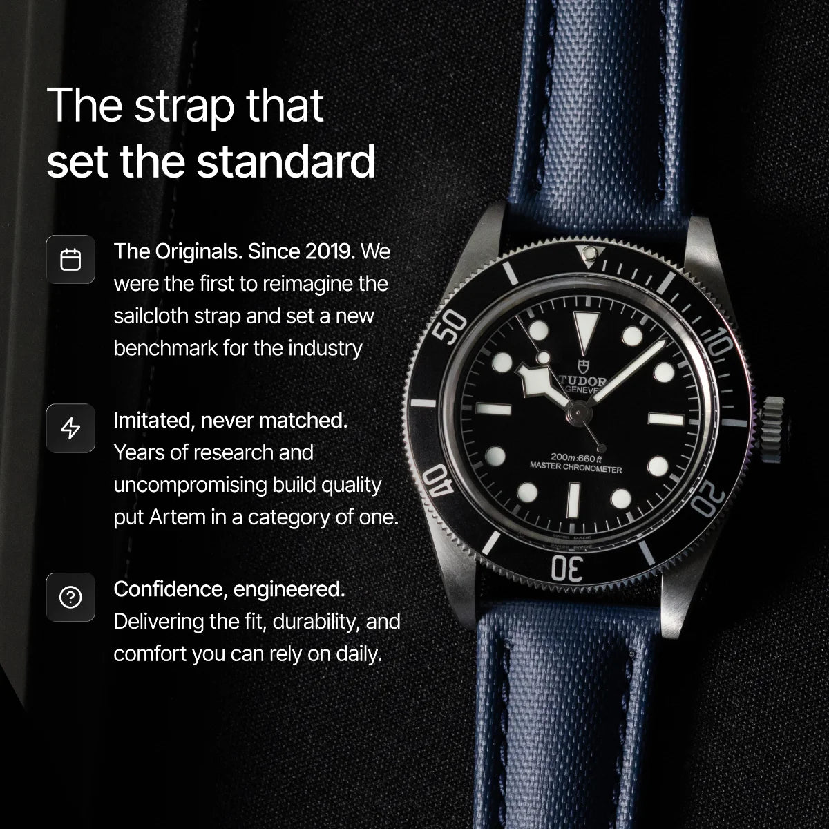 Tudor watch with blue strap on a black background