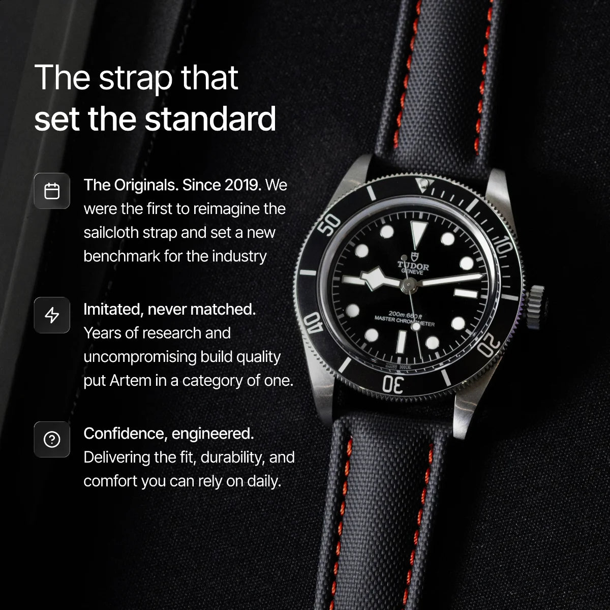 Watch with black sailcloth strap on a dark background, featuring text about the strap's features.