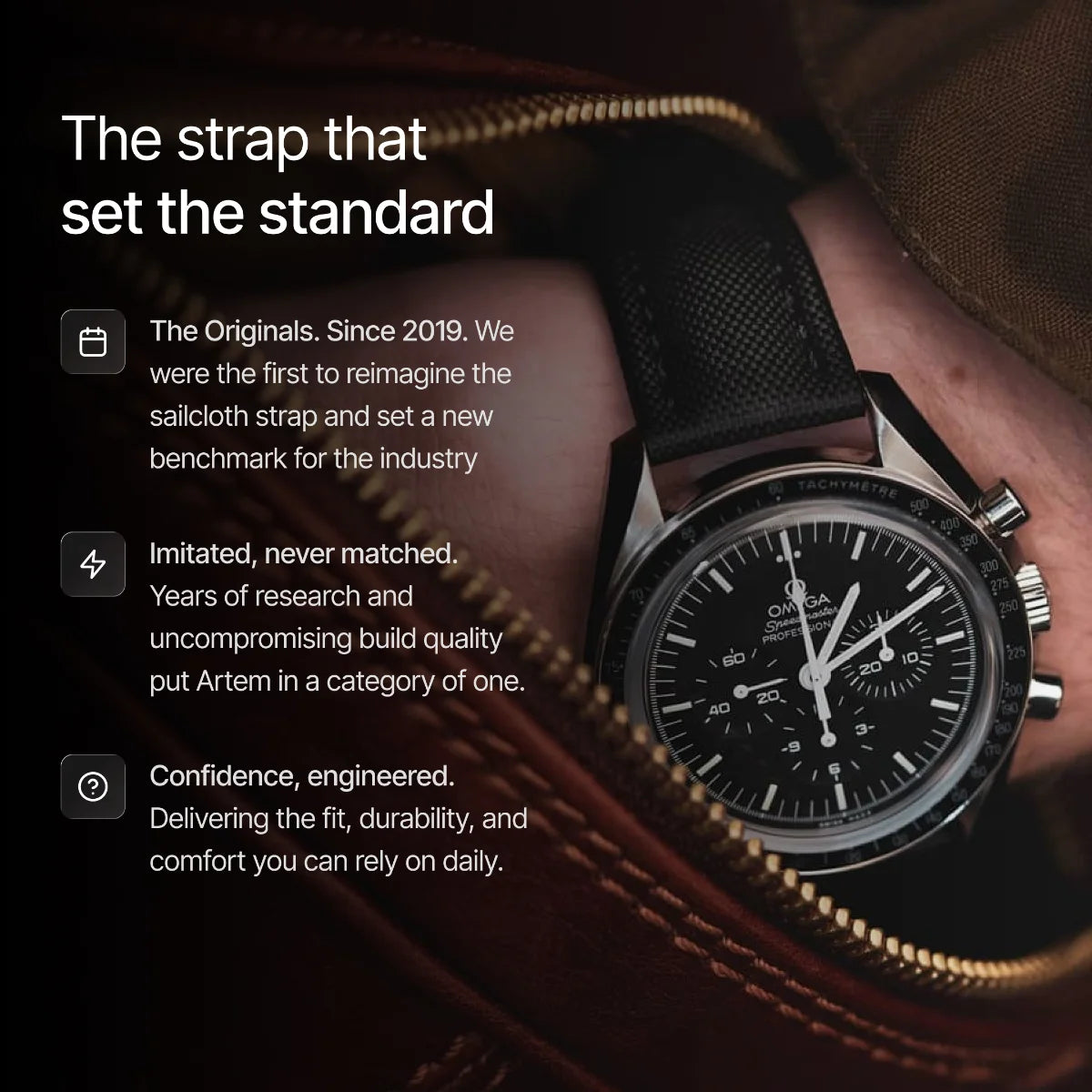 Close-up of a watch with a black strap and detailed text about the product.