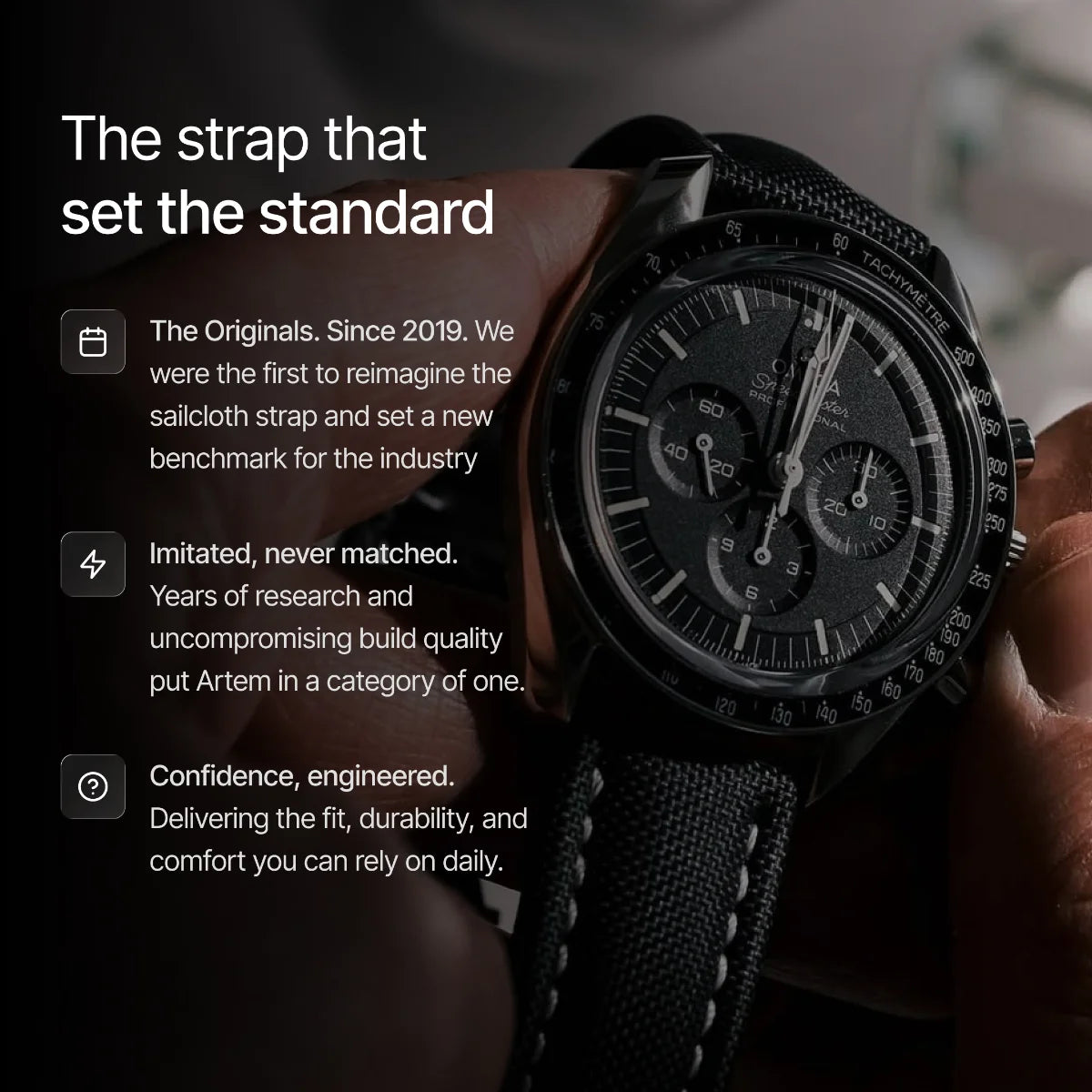Watch with sailcloth strap held by a hand, text about product features.