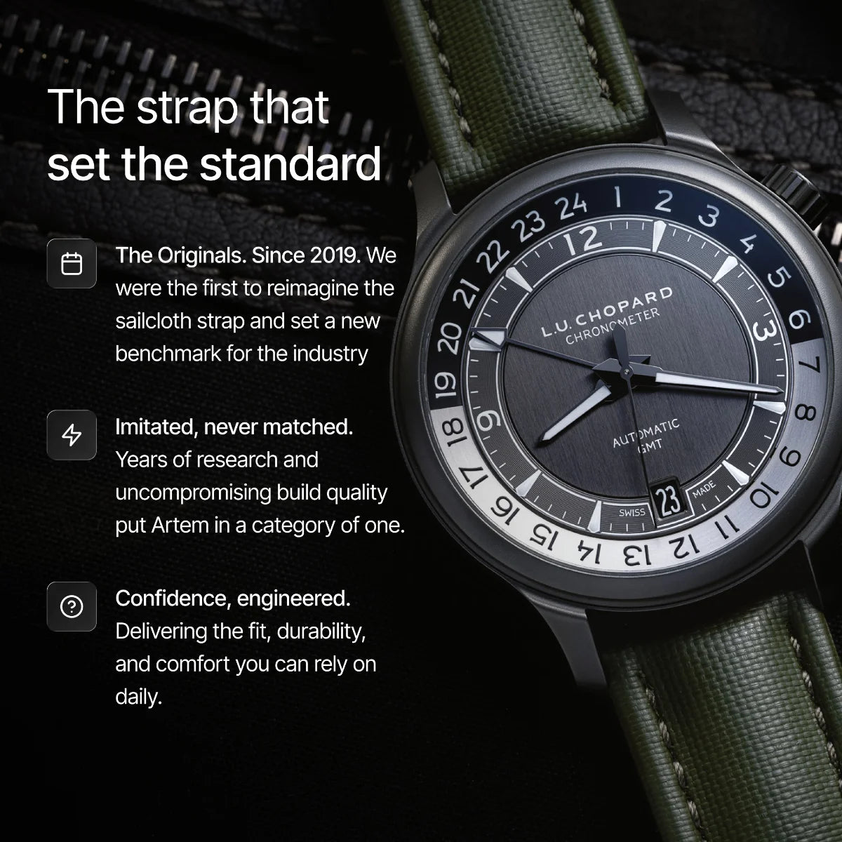 Watch with green strap and black dial on a dark background