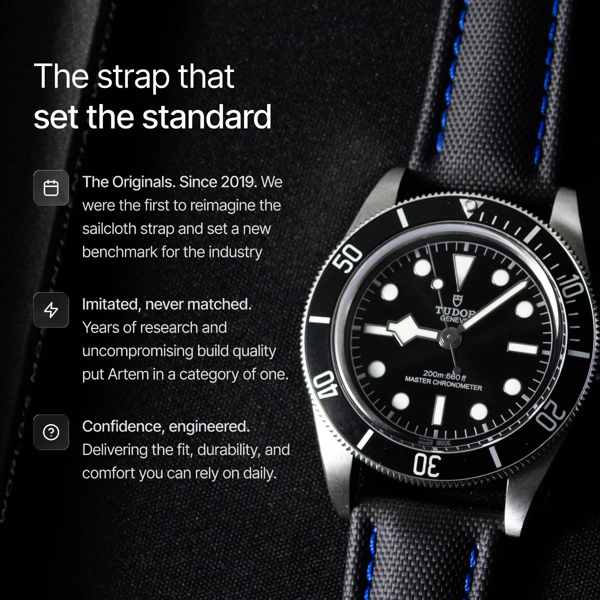 Tudor watch with black strap and detailed text on a dark background